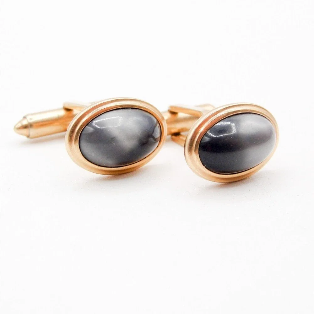 Vintage Krementz Gold Overlay Hematite Cufflinks Oval Cabochon Grey Stone MCM